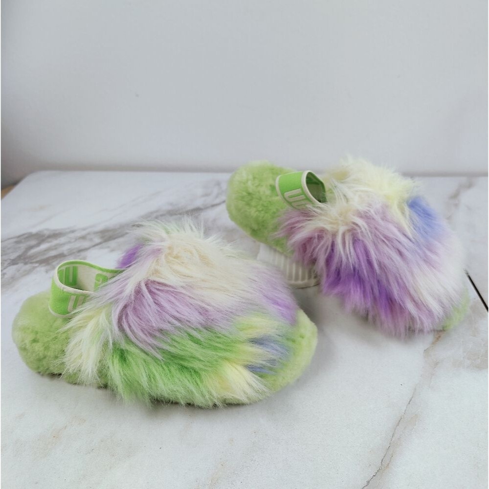 UGG Fluff Yeah Green Tie Dye Faux Fur Sheepskin Slingback Slides Slippers, Sz 6 - Picture 3 of 16